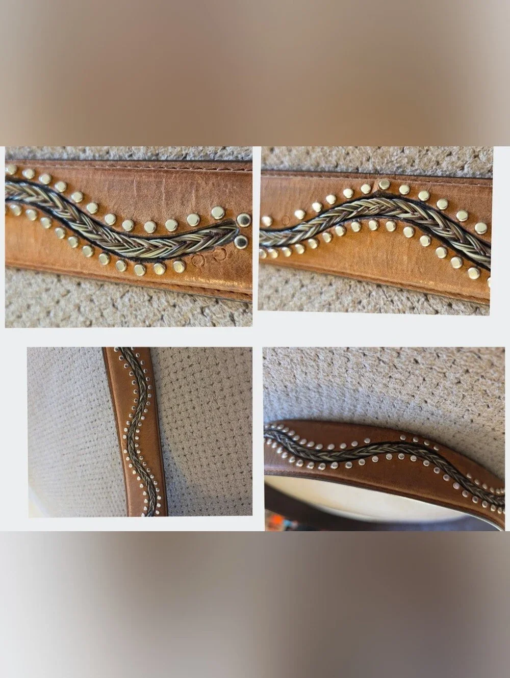 Vintage 1990's 3-D DDD Genuine Leather brown studded Braided Horse Hair Belt - Picture 5 of 16
